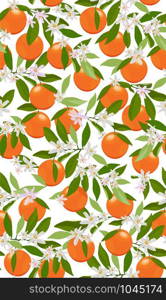 Seamless pattern orange fruits with flowers and leaves on white background. Vector illustration.