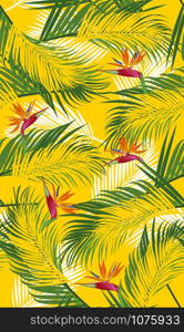 Seamless pattern palm leaves with bird of paradise on yellow background