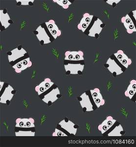 Seamless pattern panda bear on black background, kid design style, vector illustration