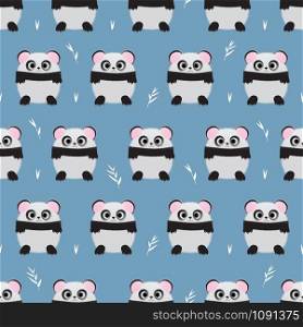 Seamless pattern panda bear on blue background, kid design style, vector illustration