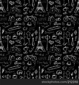 Seamless pattern Paris symbols, hand drawn objects or icons on black background, stock vector illustration. Seamless pattern Paris symbols,