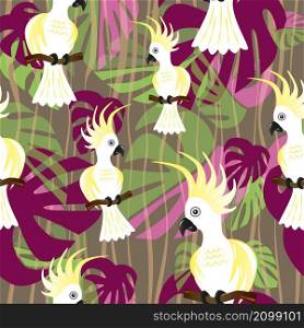 Seamless pattern. Parrot tropic bird sitting on a bench of tree. Vector illustration.