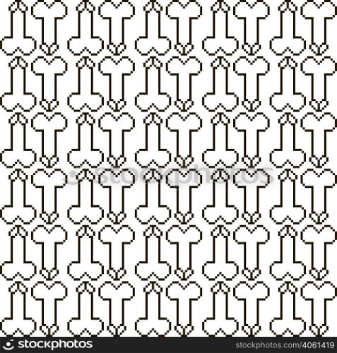 Seamless pattern penis, Dildo black on white background pixel art, vector for print or website design. Seamless pattern penis