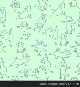 Seamless pattern. pets yoga. Dog yoga - cute puppies doing exercises and standing in asana. Vector outline on a light green background