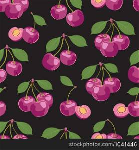 Seamless pattern pink cherry fruits, Fresh organic food, Purple fruits berry pattern on black. Vector illustration.