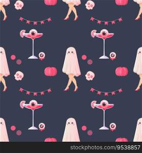 Seamless pattern pink ghost girl glamour, pumpkin, cocktail, Halloween party. Vector illustration. Seamless pattern pink ghost girl glamour, pumpkin, cocktail, Halloween party