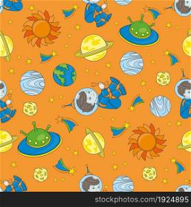 Seamless Pattern PLANETMAN is Color Vector Illustration Magic Cartoon Picture for Scrapbooking Babybook Print Card and Album Photo