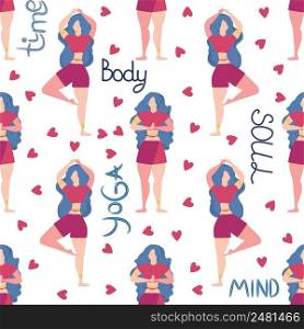 Seamless pattern Plus size curvy girls doing yoga class. Online home workout concept. Body positive. Attractive American woman.. Seamless pattern Plus size curvy girls doing yoga class. Online home workout concept. Body positive