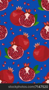 Seamless pattern pomegranate fruits and seeds on blue background, Fresh organic food, Red ruby fruits pattern. Vector illustration.