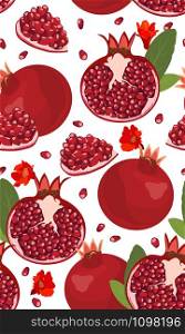 Seamless pattern pomegranate fruits and seeds on white background, Fresh organic food, Red ruby fruits pattern. Vector illustration.