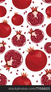 Seamless pattern pomegranate fruits and seeds on white background, Fresh organic food, Red ruby fruits pattern. Vector illustration.