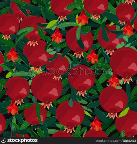 Seamless pattern pomegranate tree, branches with fruits, flowers and leaves. Fresh organic food, Red fruits pattern. Vector illustration.