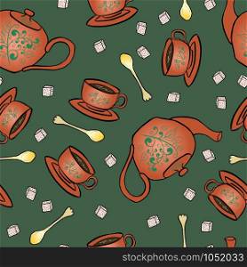 Seamless pattern pottery teapot and cup hand drawing. Vector illustration. Seamless pattern pottery teapot and cup hand drawing