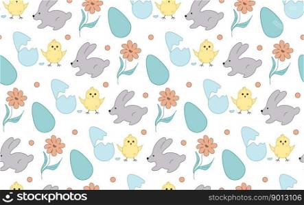 Seamless pattern Rabbit, flowers, chicken, eggs. Pastel vector. Texture of Easter gift, textile. Illustration for background, card, poster, coves, scrapbooking, textile, fabric, banner, notebook.. Seamless pattern Rabbit, flowers, chicken, eggs. Pastel vector. Texture of Easter gift, textile.