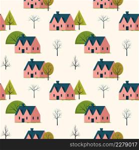 Seamless Pattern Repeatable Texture Summer Spring House Tree Nature Paper Fabric