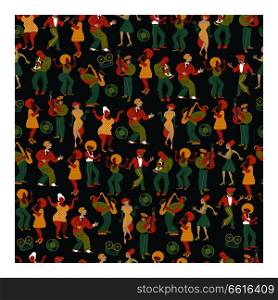 Seamless pattern. Retro party. People dance rock and roll. Musicians play saxophone and trumpet. Jazz singer. A large set of characters in the style of 70-80 years.. Seamless pattern. Retro party. Vector poster. Retro style illustration. Music and dance in retro style. Jazz musicians and dancers.