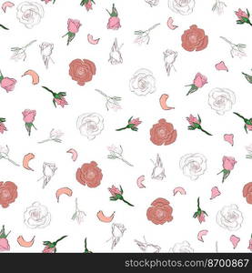 Seamless pattern rose petals, buds and flowers. Confetti, cosmetics, wedding, beautiful flower background.. Seamless pattern rose petals, buds and flowers. Confetti, cosmetics, wedding, beautiful flower background