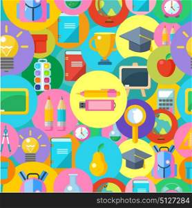 Seamless pattern. Round icons of school supplies.
