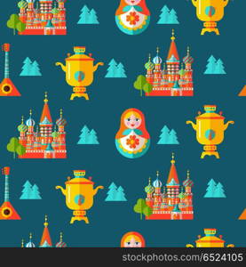 Seamless pattern. Russian souvenir. Vector illustration.. Seamless pattern on the Russian theme. Russian souvenir. Samovar, St. Basils Cathedral, the Kremlin and Russian doll matryoshka. Vector illustration on white background. For printing on textiles, paper.