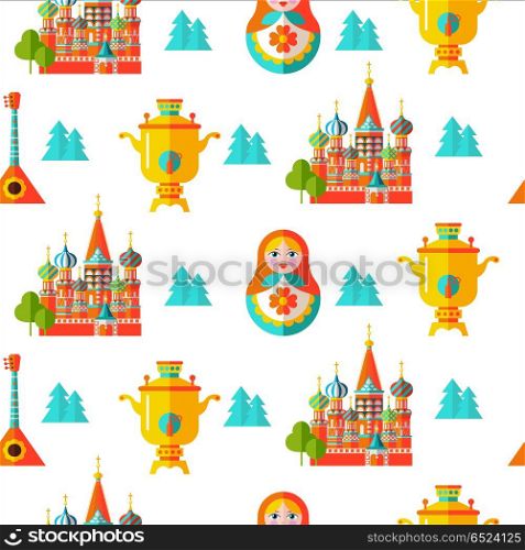 Seamless pattern. Russian souvenir. Vector illustration.. Seamless pattern on the Russian theme. Russian souvenir. Samovar, St. Basils Cathedral, the Kremlin and Russian doll matryoshka. Vector illustration on white background. For printing on textiles, paper.