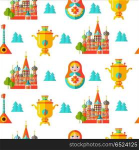 Seamless pattern. Russian souvenir. Vector illustration.. Seamless pattern on the Russian theme. Russian souvenir. Samovar, St. Basils Cathedral, the Kremlin and Russian doll matryoshka. Vector illustration on white background. For printing on textiles, paper.