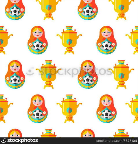 Seamless pattern. Russian souvenir. Vector illustration.. Seamless pattern. Russian matryoshka with a soccer ball. Russian samovar. Seamless pattern for the world Cup in Russia.