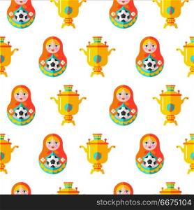 Seamless pattern. Russian souvenir. Vector illustration.. Seamless pattern. Russian matryoshka with a soccer ball. Russian samovar. Seamless pattern for the world Cup in Russia.