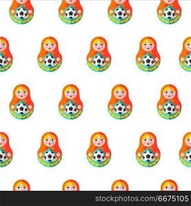 Seamless pattern. Russian souvenir. Vector illustration.. Seamless pattern. Russian matryoshka with a soccer ball. Seamless pattern for the world Cup in Russia.