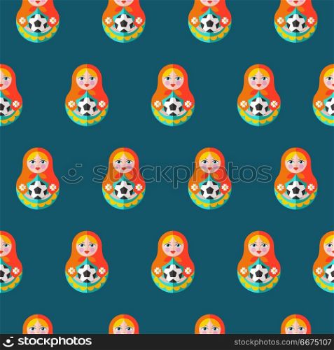 Seamless pattern. Russian souvenir. Vector illustration.. Seamless pattern. Russian tradition. Matryoshka doll with a soccer ball. Russian doll. Vector illustration of the football world Cup in Russia.