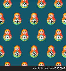 Seamless pattern. Russian souvenir. Vector illustration.. Seamless pattern. Russian tradition. Matryoshka doll with a soccer ball. Russian doll. Vector illustration of the football world Cup in Russia.