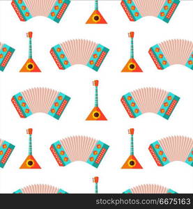 Seamless pattern. Russian souvenir. Vector illustration.. Seamless pattern. The Russian national tradition. Balalaika and accordion. Russian musical instruments. Vector illustration.