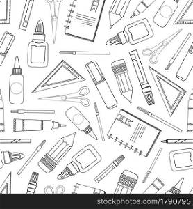 Seamless pattern school supplies. Stationery on a white background. Ruler, pencil, markers and felt-tip pens. SCHOOL AND TRAINING.. Seamless pattern school supplies. Stationery on a white background. Ruler, pencil, markers and felt-tip pens. SCHOOL AND TRAINING