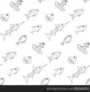 Seamless pattern sea fishs black and white. Vector illustration. Marine life. Underwater animals. Doodle style, hand drawn childish illustration for marine concept design. Wallpaper, background, cover. Seamless pattern sea fishs black and white. Vector illustration. Marine life. Underwater animals.