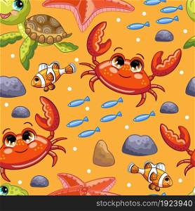 Seamless pattern sea travel underwater with crab, tropical fish and turtle. Vector illustration. Cute cartoon style, orange background. For print, t-shirt, design, wallpaper, decor, textile. Seamless vector pattern with crab, turtle and fishes