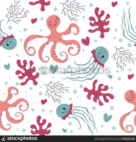 Seamless pattern sea world. Marine animals, corals and algae, kids octopus and jellyfish, ocean underwater creatures, cute characters. Decor textile, wrapping paper wallpaper vector print or fabric. Seamless pattern sea world. Marine animals, corals and algae, kids octopus and jellyfish, ocean underwater creatures, cute characters. Decor textile, wrapping paper wallpaper, vector print