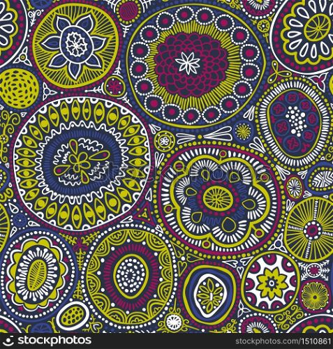 Seamless pattern. Seamless botanic texture, detailed dots and circles illustrations. Ethnic pattern in doodle style, summer floral background. All elements are not cropped and hidden under mask. Natural colors. Vector illustration. Seamless pattern. Seamless botanic texture, detailed dots and circles illustrations. Ethnic pattern in doodle style, summer floral background. All elements are not cropped and hidden under mask.