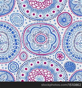 Seamless pattern. Seamless botanic texture, detailed dots and circles illustrations. Ethnic pattern in doodle style, summer floral background. All elements are not cropped and hidden under mask. In blue colors. Vector illustration. Seamless pattern. Seamless botanic texture, detailed dots and circles illustrations. Ethnic pattern in doodle style, summer floral background. All elements are not cropped and hidden under mask.