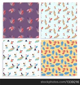 Seamless Pattern Set Body Positive and Active Summer Concept Advertising Promotional Card with Herbal Decoration and Happy Plus Size Women Swimming in Pool or Sea Vector Flat Abstract Illustration. Seamless Body Positive Active Summer Pattern Set
