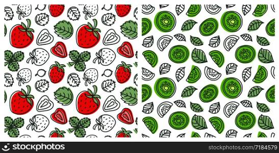 Seamless pattern set. Juicy fruit and berry collection. Strawberry, kiwi. Hand drawn color vector sketch background. Colorful doodle wallpaper. Summer print