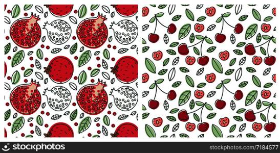 Seamless pattern set. Juicy fruit and berry. Garnet, pomegranate, cherry. Hand drawn color vector sketch background. Colorful doodle wallpaper. Summer print