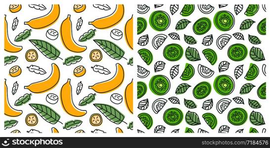 Seamless pattern set. Juicy fruit. Banana, kiwi. Hand drawn color vector sketch background. Colorful doodle wallpaper. Summer print