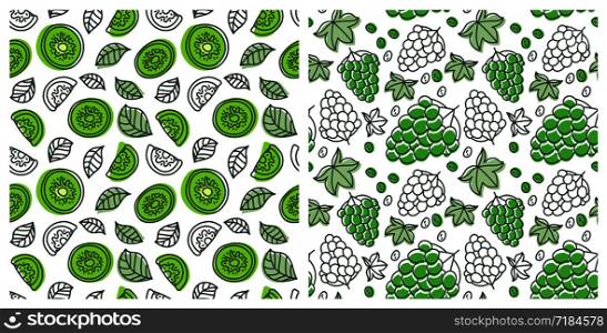 Seamless pattern set. Juicy fruit. Grape and kiwi. Hand drawn color vector sketch background. Colorful doodle wallpaper. Summer print