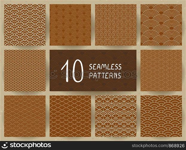 Seamless pattern set. Wave. Fish scales texture. Vector illustration. Scrapbook, gift wrapping paper, textiles. Golden backgrounds
