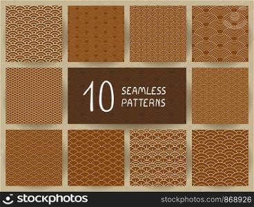 Seamless pattern set. Wave. Fish scales texture. Vector illustration. Scrapbook, gift wrapping paper, textiles. Golden backgrounds