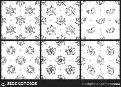 Seamless pattern set. White and black vector background. Snowflake, leaf, flower, watermelon; fruit; berry; strawberry; sun