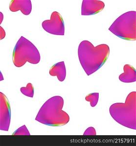 Seamless pattern, shiny purple gradient hearts with rainbow colored edge. Stylish elegant symbols of love, romance, pride. Composition for prints. Purple glossy glass hearts with rainbow edge, seamless pattern for prints