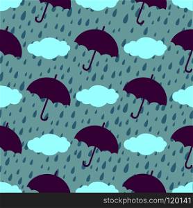 Seamless pattern. Simple silhouette of umbrella on background with clouds and rain. Color vector illustration. Umbrella seamless pattern