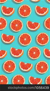 Seamless pattern slice orange fruits on green blue background. Grapefruit vector illustration.