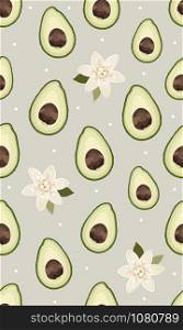 Seamless pattern sliced avocado with flower on gray background, Vector illustration