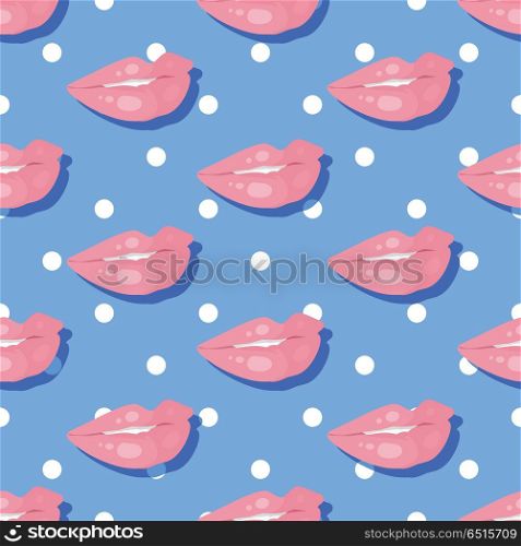 Seamless Pattern Smiling Lips Teeth on Polka Dot. Seamless pattern patch smiling lips with teeth on polka dot background. Lips painted with pink lipstick and white teeth half open mouth. Cosmetic wrapping. Fashion patch in cartoon 80s-90s comic style